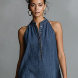 Women's Casual Denim Stand-Collar Button-Front Sleeveless Mini Dress MDZ0144F5Y