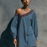 Women's Minimalist Striped One-Shoulder Long-Sleeve Embroidered Mini Dress MDZ1165F9WY