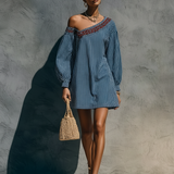 Women's Minimalist Striped One-Shoulder Long-Sleeve Embroidered Mini Dress MDZ1165F9WY