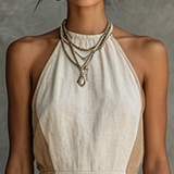 Women's Casual Off-White And Khaki Color-Blocked Cotton And Linen Halter Neck Fitted Waist Mini Dress MDZ1598F1GMJ