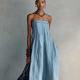 Women's Casual Blue Cotton-linen Sleeveless Camisole Maxi Dress MDZ1660F0LXY