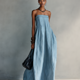 Women's Casual Blue Cotton-linen Sleeveless Camisole Maxi Dress MDZ1660F0LXY