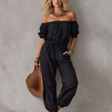 Women's Casual Black Woven Off-Shoulder Sleeveless Jumpsuit MDZ1751F1LXY
