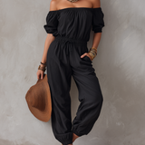 Women's Casual Black Woven Off-Shoulder Sleeveless Jumpsuit MDZ1751F1LXY