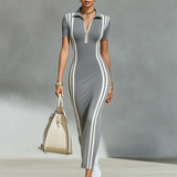 Women's Grey Stretchy Knit Zip Polo Collar & Vertical Side Stripes Maxi Dress MDZ2497F8LYL