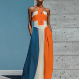 Women’s Orange White Blue Color Block Halter Keyhole Strapless Smocked Bodice Pleated Maxi Dress MDZ2980F6T