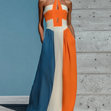 Women’s Orange White Blue Color Block Halter Keyhole Strapless Smocked Bodice Pleated Maxi Dress MDZ2980F6T