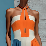 Women’s Orange White Blue Color Block Halter Keyhole Strapless Smocked Bodice Pleated Maxi Dress MDZ2980F6T