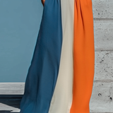 Women’s Orange White Blue Color Block Halter Keyhole Strapless Smocked Bodice Pleated Maxi Dress MDZ2980F6T