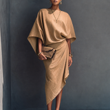 Women's Modern Khaki Linen Blend Draped Asymmetric Short Sleeve