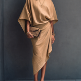 Women's Modern Khaki Linen Blend Draped Asymmetric Short Sleeve