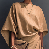 Women's Modern Khaki Linen Blend Draped Asymmetric Short Sleeve