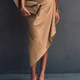 Women's Modern Khaki Linen Blend Draped Asymmetric Short Sleeve
