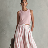 Women's Casual Pink Stretch-knit Sleeveless Round-neck Top Paired With A Woven Pink Printed Maxi Skirt MDZ0986G3LXY