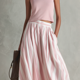 Women's Casual Pink Stretch-knit Sleeveless Round-neck Top Paired With A Woven Pink Printed Maxi Skirt MDZ0986G3LXY