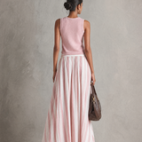 Women's Casual Pink Stretch-knit Sleeveless Round-neck Top Paired With A Woven Pink Printed Maxi Skirt MDZ0986G3LXY