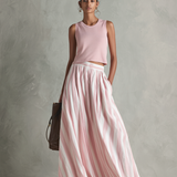 Women's Casual Pink Stretch-knit Sleeveless Round-neck Top Paired With A Woven Pink Printed Maxi Skirt MDZ0986G3LXY