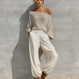 Women's Beige Shimmer Ribbed Knit Off Shoulder Drop Shoulder Three Quarter Sleeve Casual Blouse MDZ1613G0YZJ