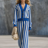 Casual And Stylish Blue And White Striped Knit Cardigan And Wide-leg Pants Set