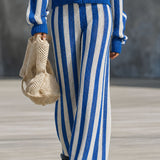 Casual And Stylish Blue And White Striped Knit Cardigan And Wide-leg Pants Set