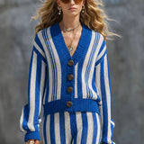 Casual And Stylish Blue And White Striped Knit Cardigan And Wide-leg Pants Set