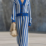Casual And Stylish Blue And White Striped Knit Cardigan And Wide-leg Pants Set