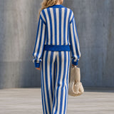 Casual And Stylish Blue And White Striped Knit Cardigan And Wide-leg Pants Set