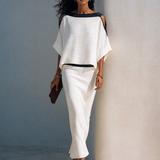 Women's Linen-Blend Batwing-Sleeve Top And Midi Skirt Two-Piece Set
