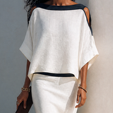 Women's Linen-Blend Batwing-Sleeve Top And Midi Skirt Two-Piece Set