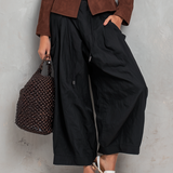 Women's Casual Black Woven Cropped Trousers MDZ2934G5LXY
