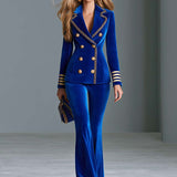Military Blue Velvet Chain-Trim Double-Breasted Gold-Button Fitted Statement Blazer