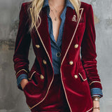 Casual Vintage Double-breasted Burgundy Velvet Blazer