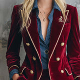 Casual Vintage Double-breasted Burgundy Velvet Blazer