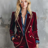 Casual Vintage Double-breasted Burgundy Velvet Blazer