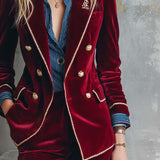 Casual Vintage Double-breasted Burgundy Velvet Blazer