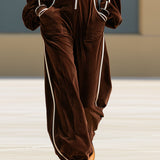Casual Retro Color-blocked Woven Brown Velvet Zip-up Jumpsuit