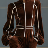 Casual Retro Color-blocked Woven Brown Velvet Zip-up Jumpsuit
