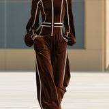 Casual Retro Color-blocked Woven Brown Velvet Zip-up Jumpsuit