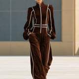 Casual Retro Color-blocked Woven Brown Velvet Zip-up Jumpsuit