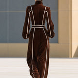 Casual Retro Color-blocked Woven Brown Velvet Zip-up Jumpsuit