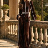 Casual Retro Color-blocked Woven Brown Velvet Zip-up Jumpsuit
