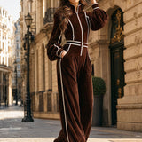 Casual Retro Color-blocked Woven Brown Velvet Zip-up Jumpsuit