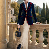 Casual Retro Color-blocked Royal Blue Velvet Blazer