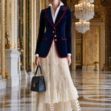 Casual Retro Color-blocked Royal Blue Velvet Blazer