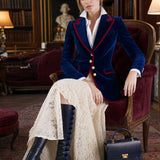 Casual Retro Color-blocked Royal Blue Velvet Blazer