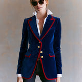 Casual Retro Color-blocked Royal Blue Velvet Blazer