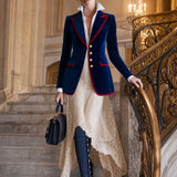 Casual Retro Color-blocked Royal Blue Velvet Blazer