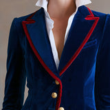 Casual Retro Color-blocked Royal Blue Velvet Blazer