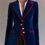 Casual Retro Color-blocked Royal Blue Velvet Blazer