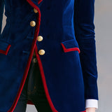 Casual Retro Color-blocked Royal Blue Velvet Blazer